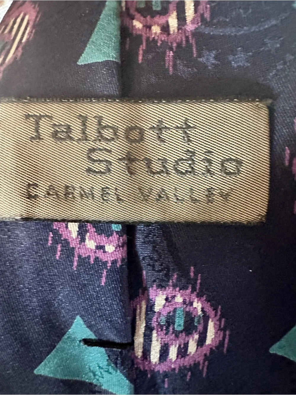 Men’s Talbot Studio Neck Tie with Teal, Purple on Navy in a 90’s abstract design